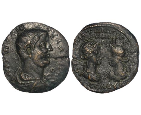 Roman Colonial bronze of c.33mm., of Valerian, struck Seleuceia ad Calycadnum, Radiate and draped bust, right / Bust of Apoll