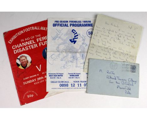 Football Autographs inc a Bobby Moore signature on programme In Aid of the Channel Ferry Disaster Fund 26/4/1987, plus other 