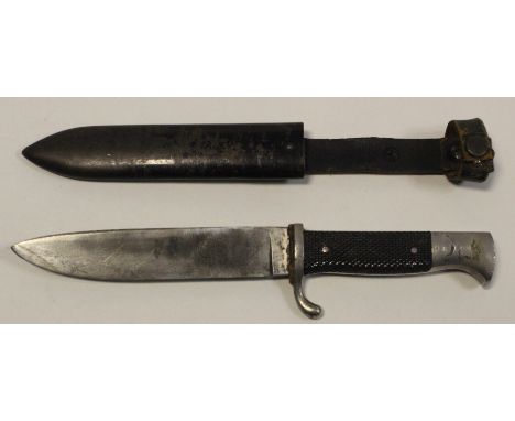 German WW2 Hitler Youth dagger with metal scabbard and leather button strap, blade maker marked, no motto.