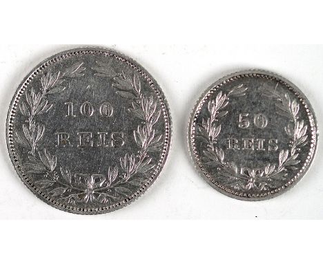 Portugal silver (2): 50 Reis 1889 GVF light scratch, and 100 Reis 1889 VF