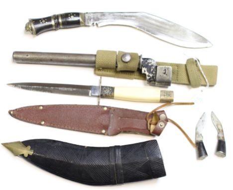 Knives: A lot of 3 items as follows: 1) A good tourist Kukri with the small Karda (for skinning animal hairs) & the Chakmak (