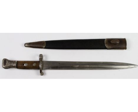 British Boer War Bayonet dated '5 '95'. With leather and metal scabbard. Blade tip missing