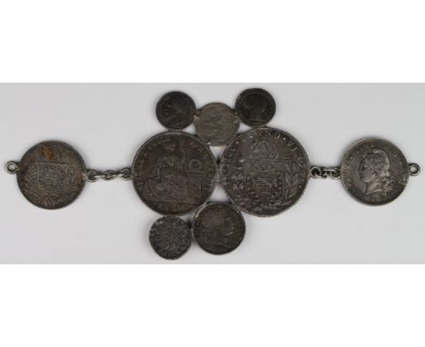 Coin Jewellery - includes silver coins of various grades from Argentina, Peru, Brazil, Spain, France, and G.B. and a Belgian 