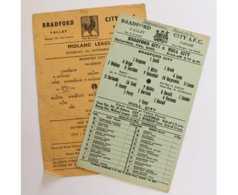 Bradford City v Hull City 20/12/1932 single sheet reserve team programme in Midland League. Note in half time scoreboard firs