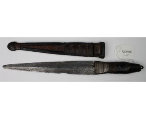 Sudanese antique dagger with leather grip and scabbard, blade just under 8 inches 