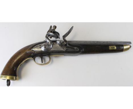 Flintlock 14 bore holster pistol for British Sea Service, made in Belgium probably during Napoleonic wars. Walnut full stock 