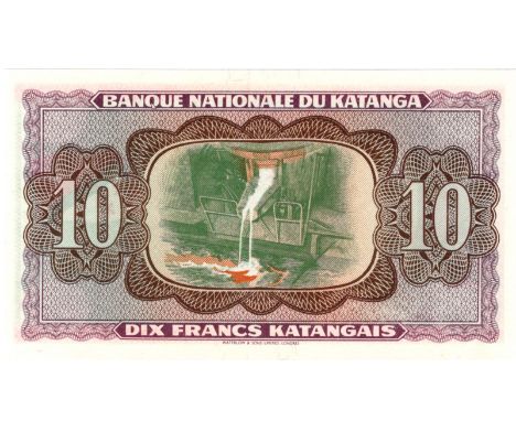 Error note, Katanga 10 Francs P13a (missing print) Unc