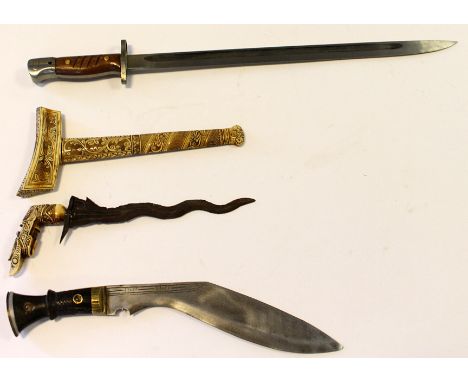 Job lot - Kukri (no scabbard), Malayan Kris Dagger with scabbard, and a WW1 era Mauser Bayonet with replacement grips and no 