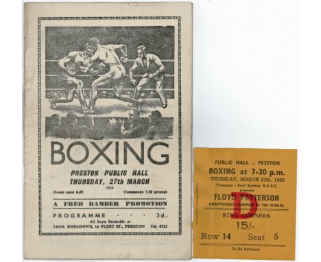 Boxing - Floyd Patterson v Dusty Rhodes at Preston Public Hall (UK) 27/3/1958, programme + ticket. Hand signed by Patterson a