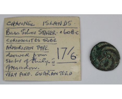 Celtic Armorican, N.W.Gaul and Channel Isles, c.75-50 B.C. billon stater, Spink p.2, with old ticket which states '17/6', lig