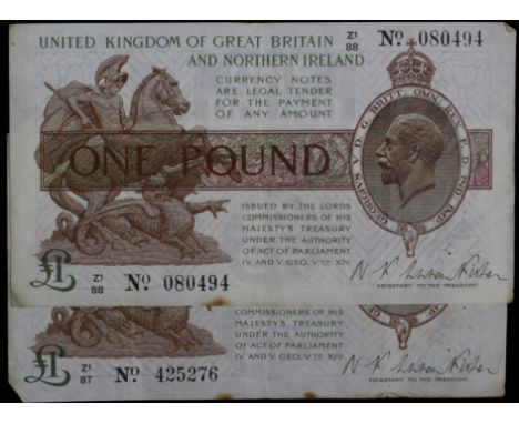 Warren Fisher One Pounds (2) both T34 "Z1" aVF a couple of light brown marks along the bottom