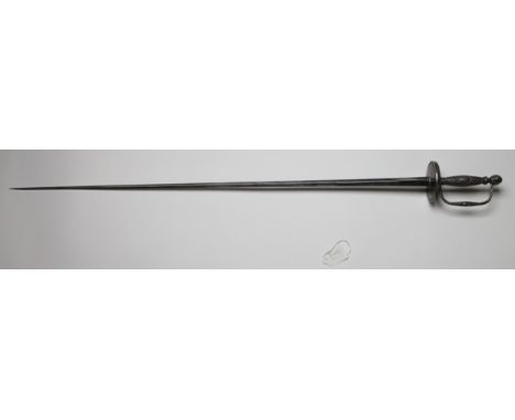 Sword: A 19th century court sword. Blade 32". Hollow ground, trefoil. Cast silver coloured metal hilt with bun pommel. No sca