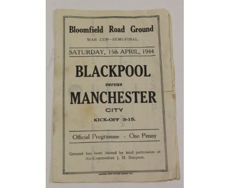 Blackpool v Manchester City 15 April 1944 War Cup Semi Final at Bloomfield Road, programme