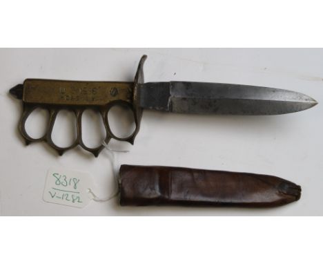 A U.S. WW1 Model 1918 Knuckle Knife. Brass knuckle-duster hilt with U.S. 1918 over H.D.& S. 1918 (Henry Disston & Sons) Short