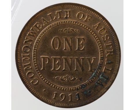 Australia Penny 1911 aUnc with much lustre but with a small verdigis patch on reverse