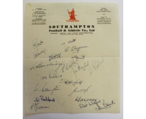 Southampton FC - excellent page of autographs 1947/48 on official club headed, signed in ink by 18 players including Alf Rams
