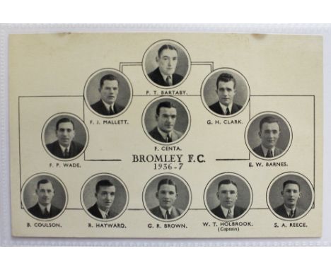 Bromley FC Postcard 1936/37, unusual format with small circular vignette of each player in civilian clothes to playing positi