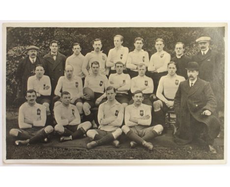 Yorkshire Rugby Union postcard of team with officials re. match v Cumberland at Kendal in 1909/10 players legend written to r