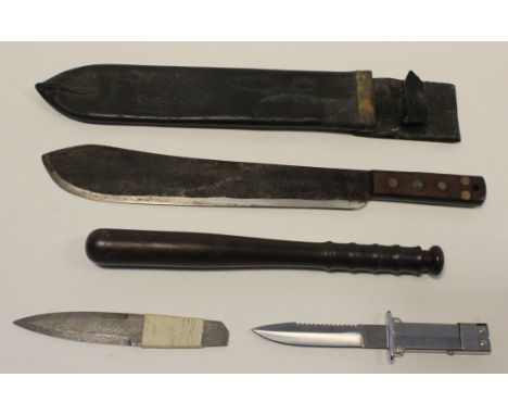 Machete with leather and brass scabbard, blade marked 'J.J.B. 1943' and W/D arrow stamped. Plus and unmarked truncheon, a Ros