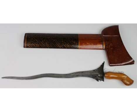 Malay Kris antique dagger with plain wavy blade and wooden handle (blade approx 13 inches), plus original wooden scabbard wit