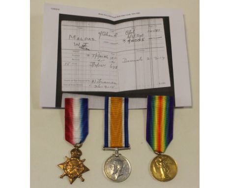 1915 Star Trio to 14581 L.Sjt W I Malpas Cheshire Regt (pair named A.W.O.CL.2.).   Light pitting to BWM, otherwise VF  (3)