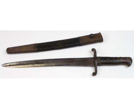 Bayonet: An officially shortened Pattern 1856 sword bayonet in its steel mounted leather scabbard. Blade 13" dated Sept 1882 