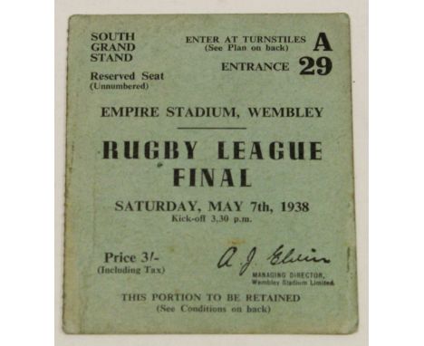 Rugby League Final Ticket Barrow v Salford 7th May 1938 at Wembley (South Grand Stand).