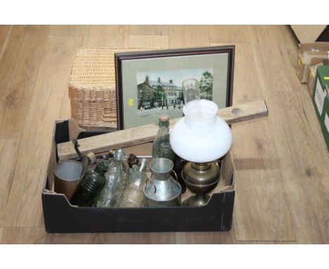 Oil lamp, vintage glass bottles, picture and wicker hamper 
