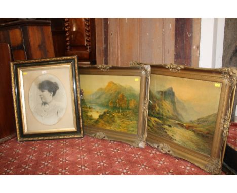 2 lake scene pictures in gilt frames (AF) and black and white portrait of a lady