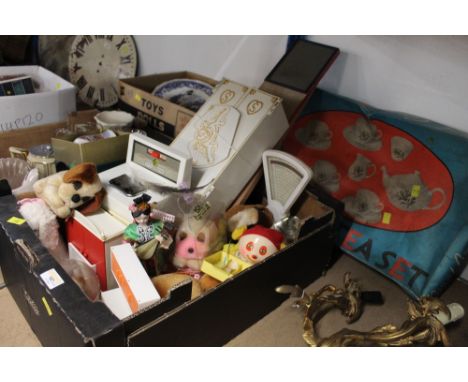 Box of vintage toys including Sindy's wardrobe, washing machine, scales and ceramic tea set 