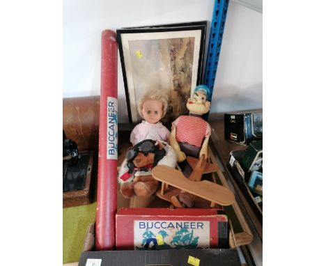 Box of vintage toys, to include Popeye and 2 prints  