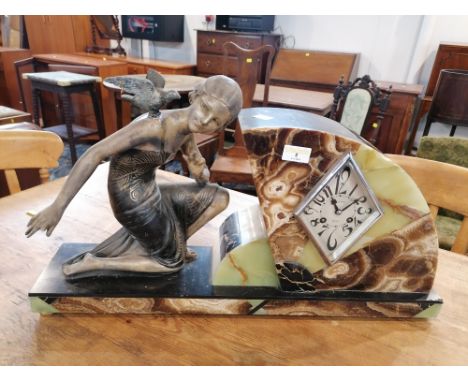 Art Deco marble and slate figural mantle clock by Nicolay Brest, 62 cm long, 36 cm high 