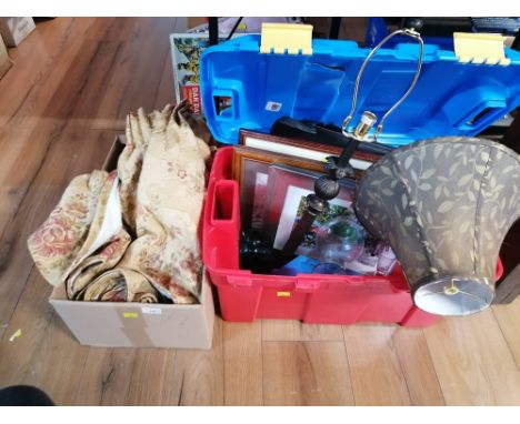 2 boxes containing tapestry curtains, lamp, pictures etc.