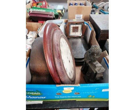 Box of camera parts, mantle clock parts and figural lady 