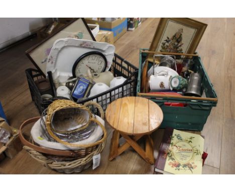2 boxes of pottery and ceramic items, wicker baskets and needlepoint picture