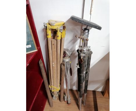 2 vintage camera tripods and surveyors stand 