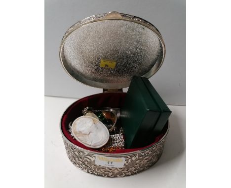 White metal oval jewellery box, silver bangle, cameos, Murano style ring and pendant etc.