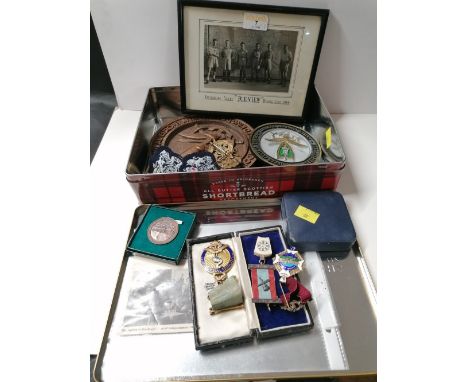 Military cap badges, patches, photographs, Masonic medals, first day cover etc