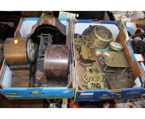 2 boxes containing wooden mantle clock bodies, workings and faces