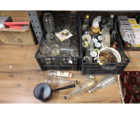 2 boxes of vintage glassware and bottles and glass storage jars