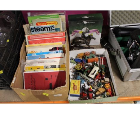 3 boxes to include a box of model train pamphlets, quantity of loose diecast vehicles and boxed Sea Bird racehorse figurine