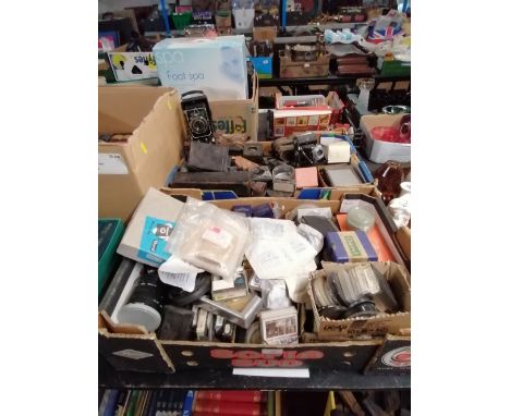 2 boxes of vintage camera equipment to include folding cameras, boxed cameras, filters etc