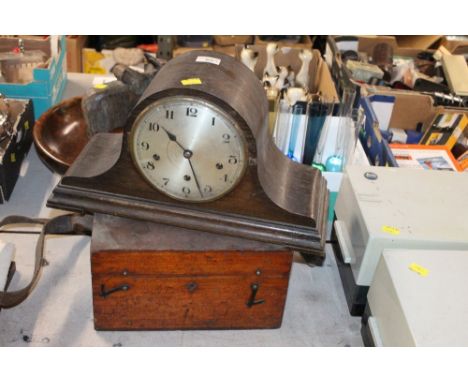 Vintage mantle clock and empty wooden scientific equipment box