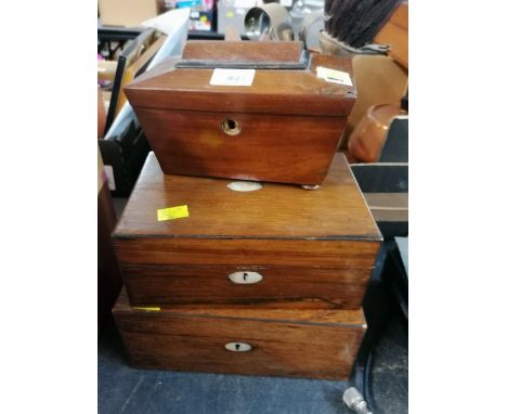 2 wooden boxes and wooden tea caddy