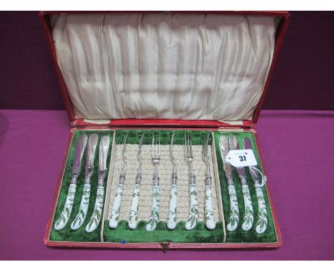 A Decorative Set of Six  Ceramic Handled Knives and Forks, highlighted in green depicting birds (knife blades stamped "EPNS")