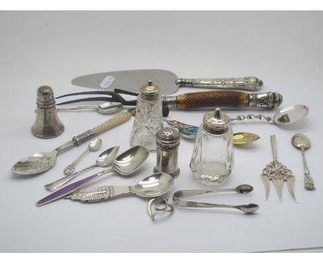Pepperettes, a stag handled meat fork with hallmarked silver ferrule, souvenir and other teaspoons, Geysir souvenir caddy spo