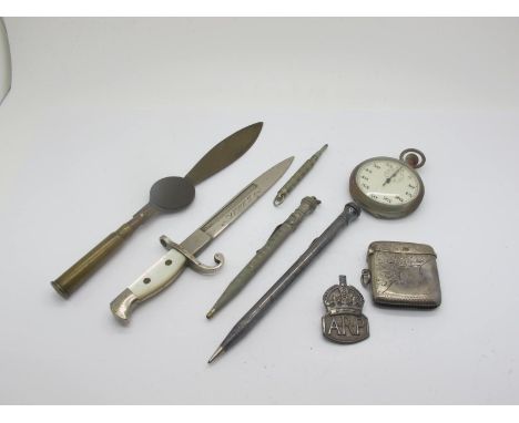 A Bayonet Style Letter Opener, with mother of pearl handle, marked "Ypres", 16.8cm long; a hallmarked silver ARP button hole 