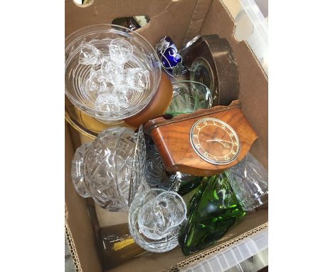 A box of glass including mantel clocks 