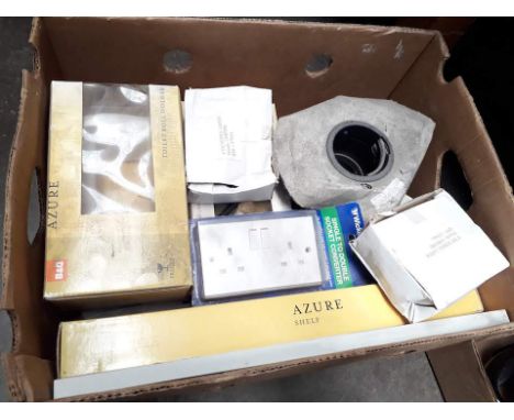 A box of misc household accessories to include boxed shelf, toilet roll holder, sockets, cable, etc 