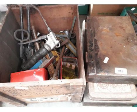 3 metal toolboxes and a wooden box of tools 